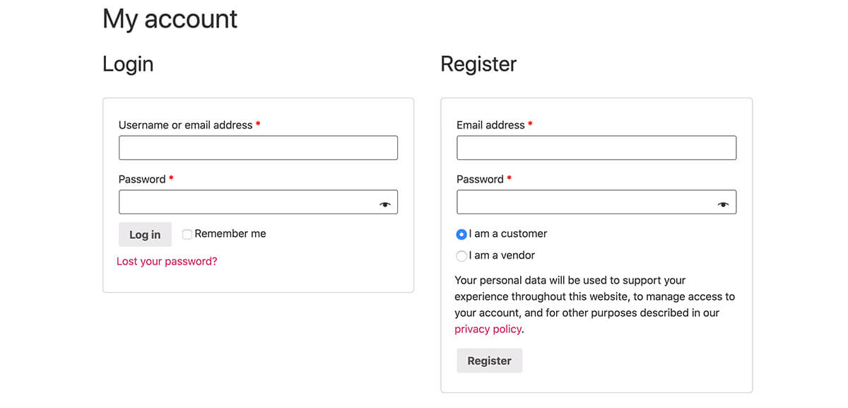 Vendor registration page
