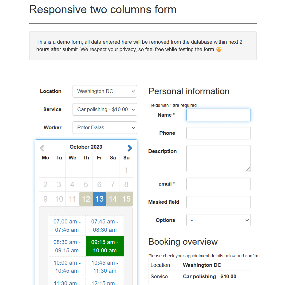 responsive two columns form from easy appointment