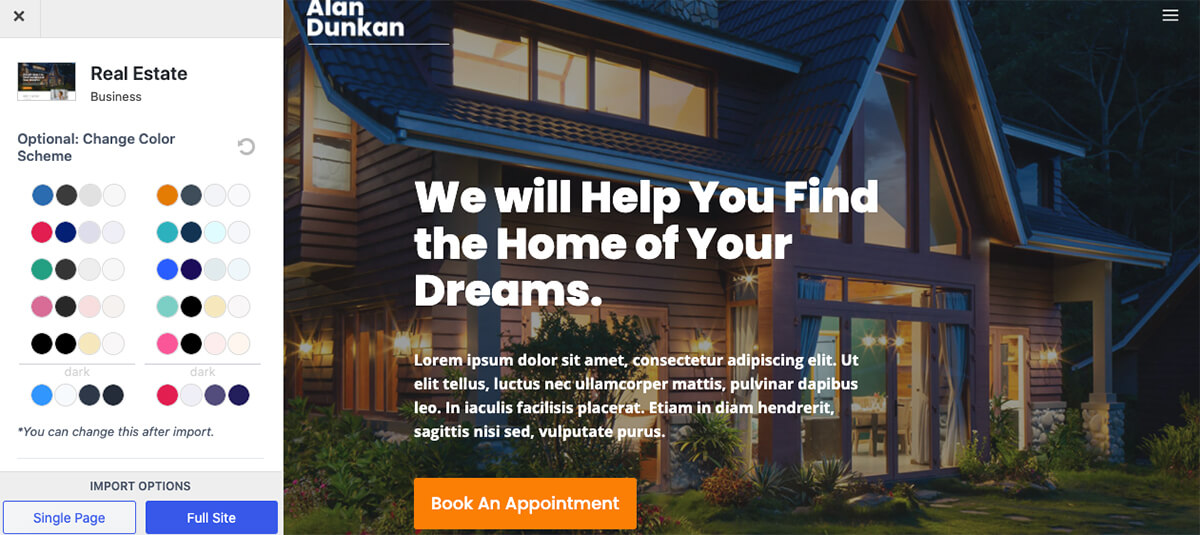 Previewing demo site in Kadence