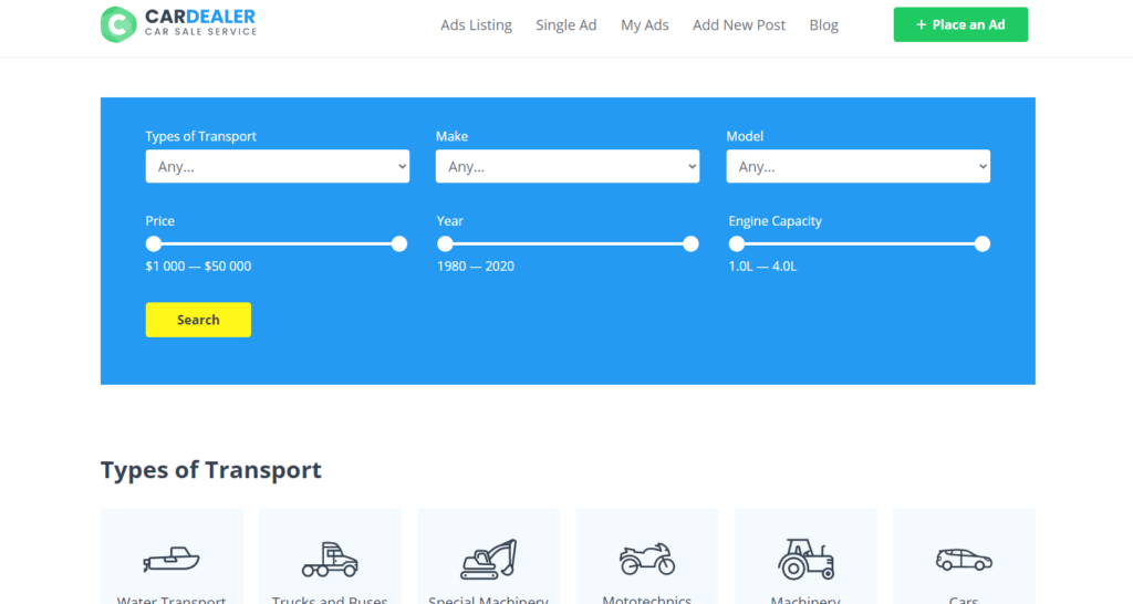 An example of Crocoblock’s dynamic template for a car dealership website
