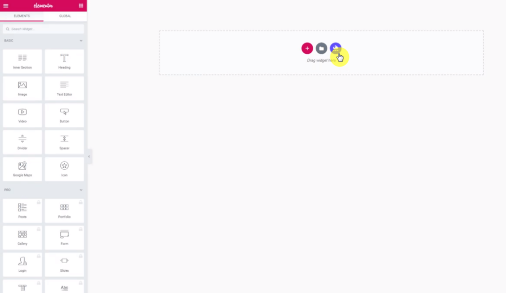 Templately cloud icon on Elementor editor