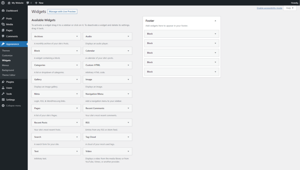 See the old widgets page with the classic widgets plugin