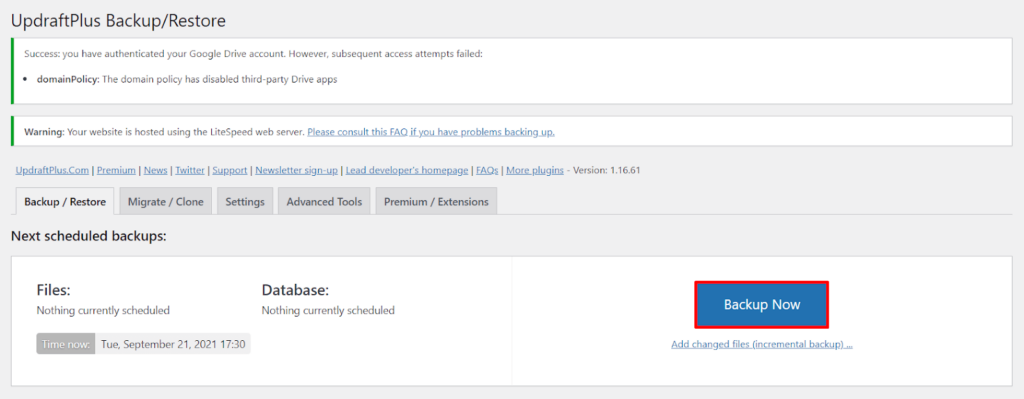 Backup now button within the updraftplus settings