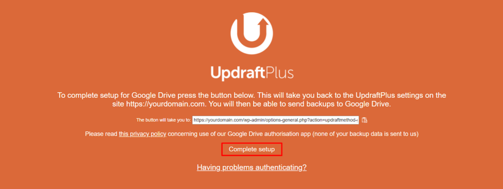 Complete the setup for the updraftplus plugin