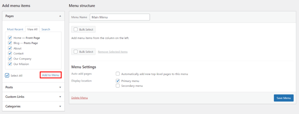 Add items to the menu on the menu settings