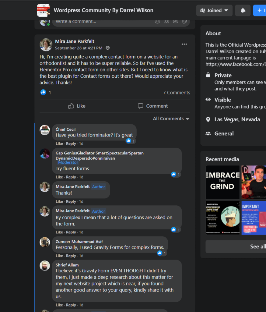 Group member asking a question on the WordPress Community by Darrel Wilson Facebook Group