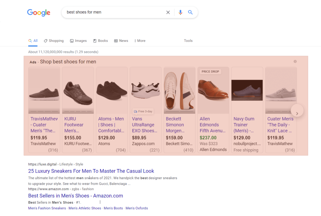 Examples of ads from the Google Merchant