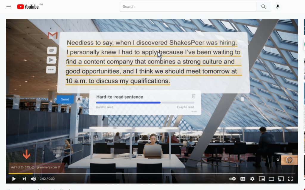 Grammarly YouTube in-stream ads