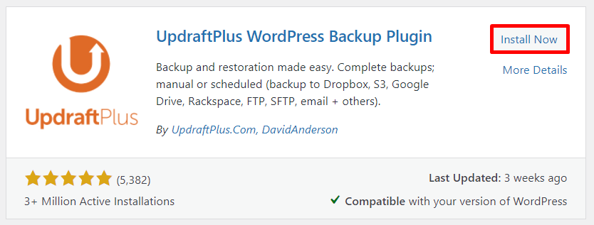 Install now Updraft Plus WordPress backup plugin