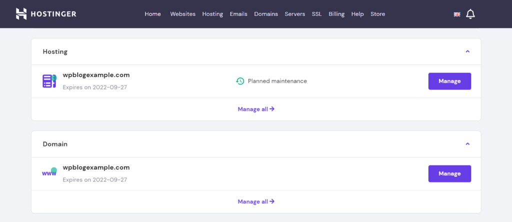 Hostinger: Manage hosting and domain panel