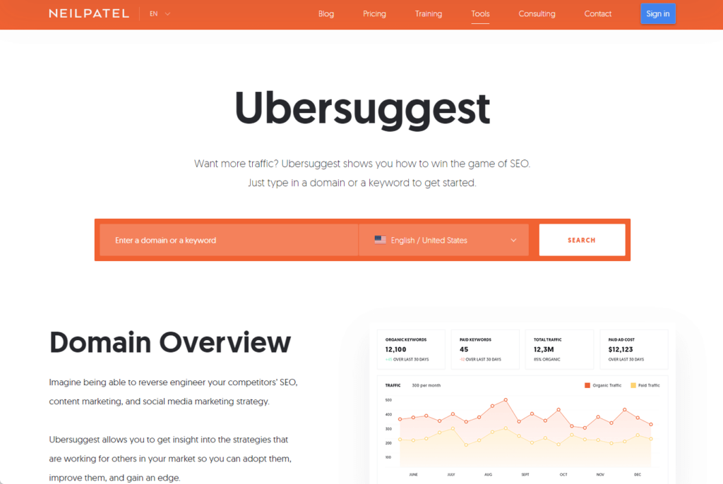 Home page of Neil Patel's free keyword research tool