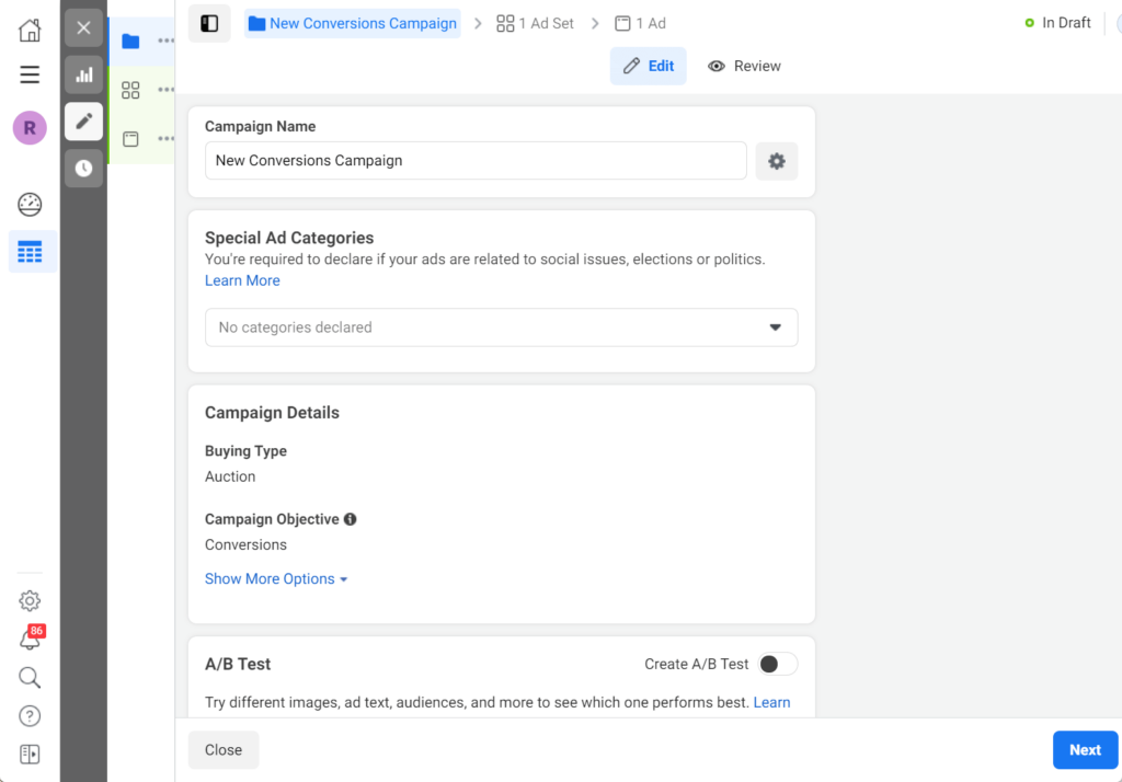 New conversions campaign setup in Facebook ads