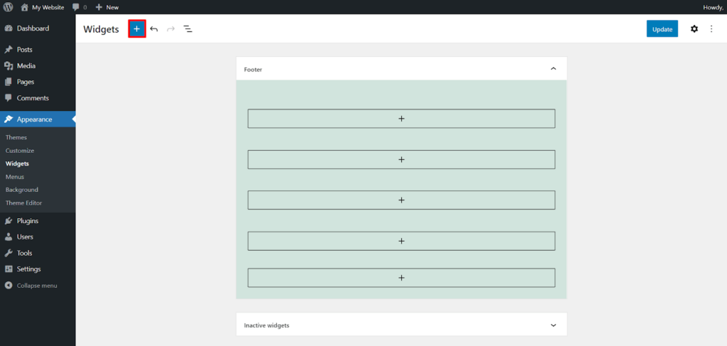 Expand the block library on widgets through the plus button