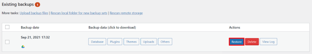 Restore from backup with updraftplus plugin