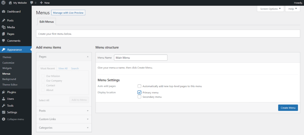 Access menu settings on the WordPress dashboard