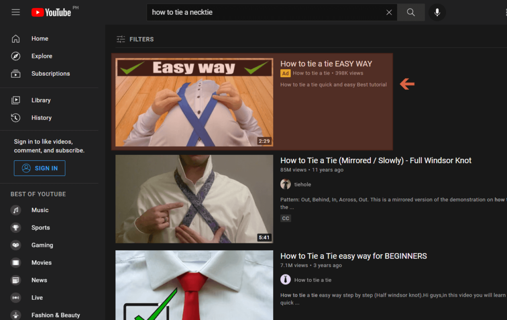 Video discovery ads for how to tie a necktie