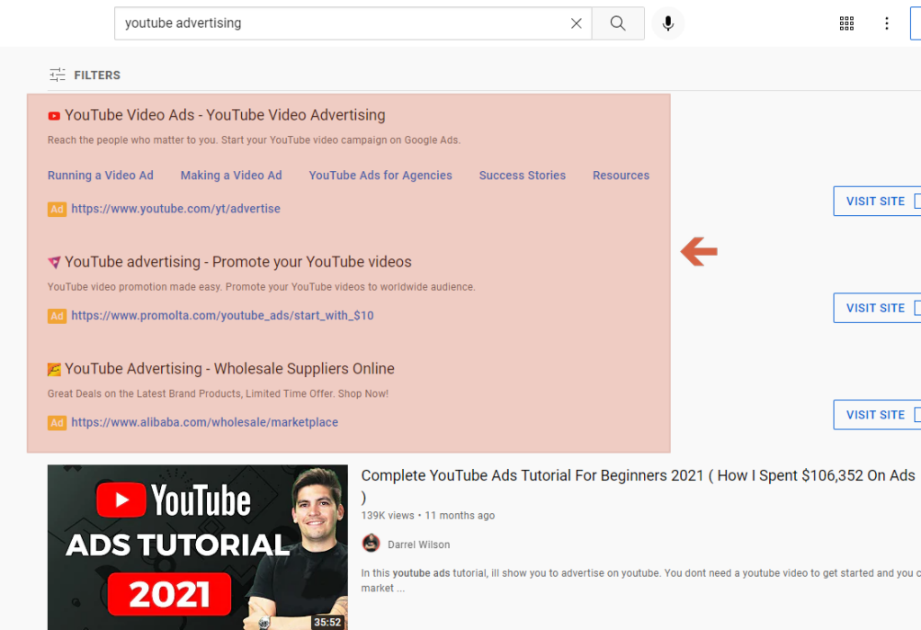 YouTube text ads on the top of search results