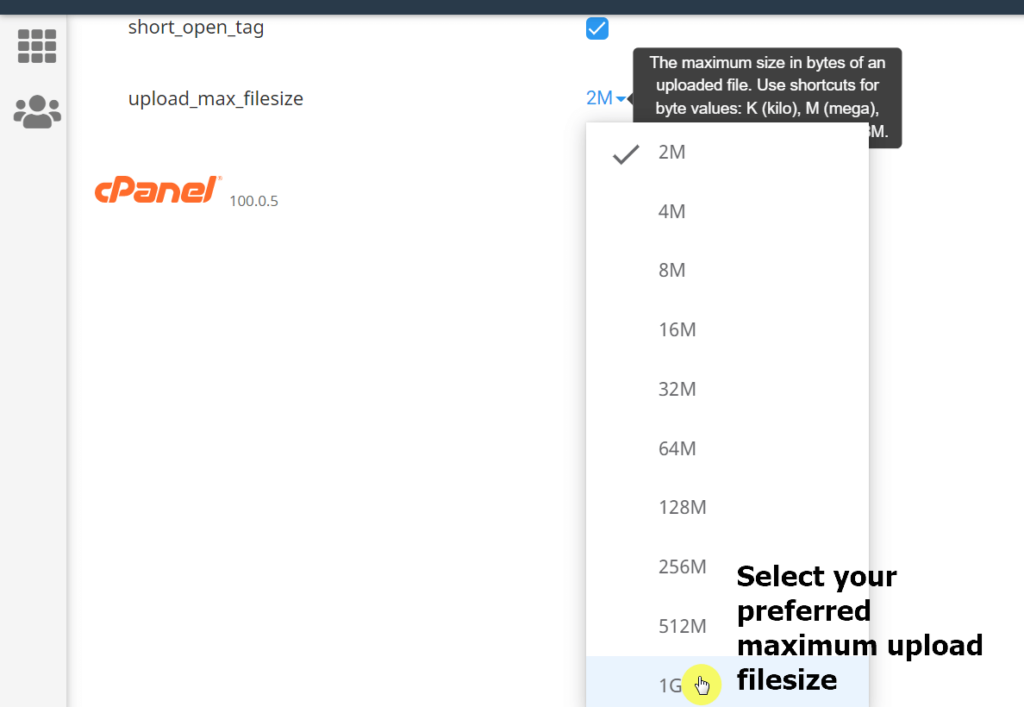 Select your preferred maximum upload filesize