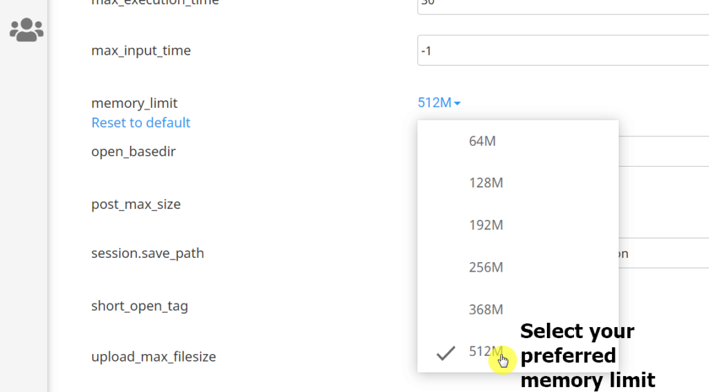 Select a memory limit from the dropdown