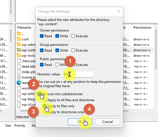 Change the numeric value to 664 and make sure to recurse the option into subdirectories and to apply it to files only