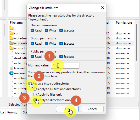 Change the numeric value to 775 and make sure to recurse the option into subdirectories and to apply it to directories only