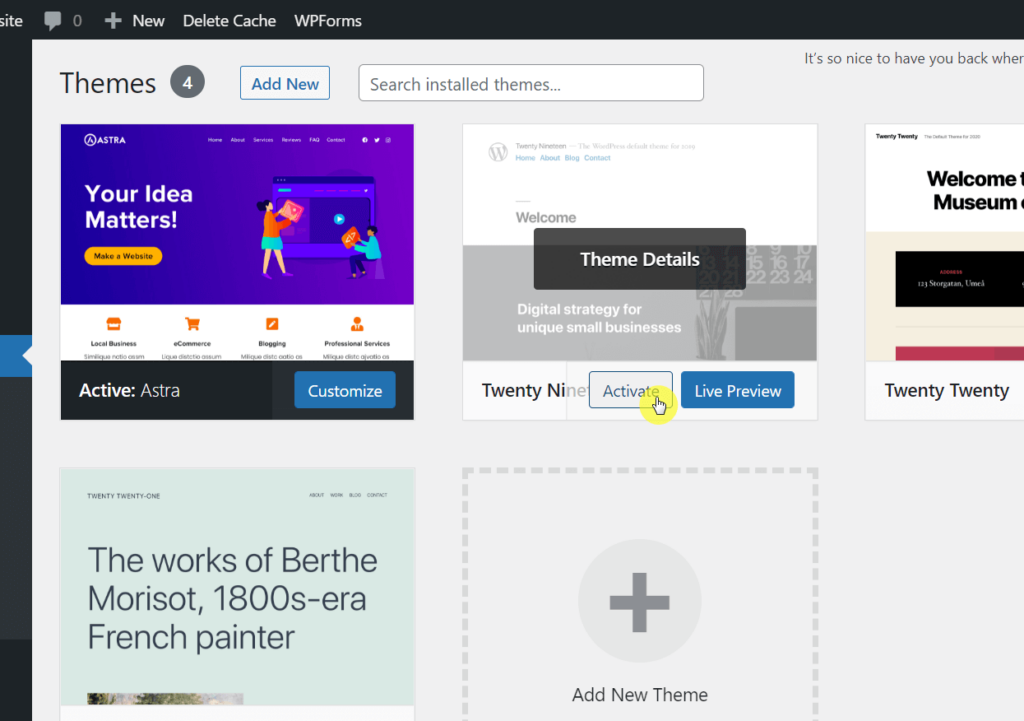 Click on the activate button to activate another WordPress theme