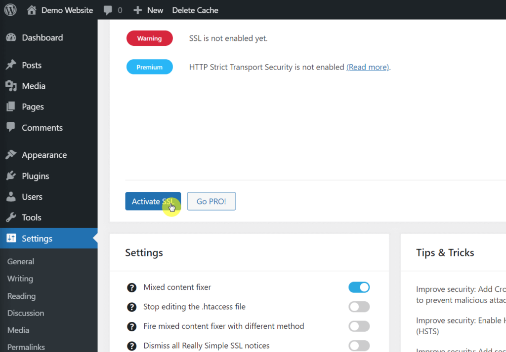 Enable the mixed content fixer and click on the activate SSL button