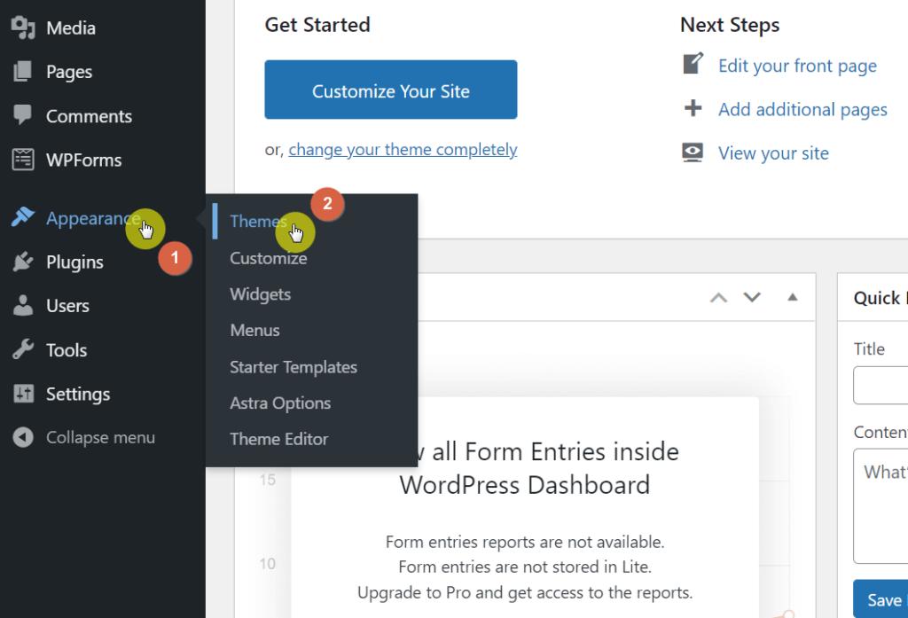 Hover over the appearance link and go to the themes page