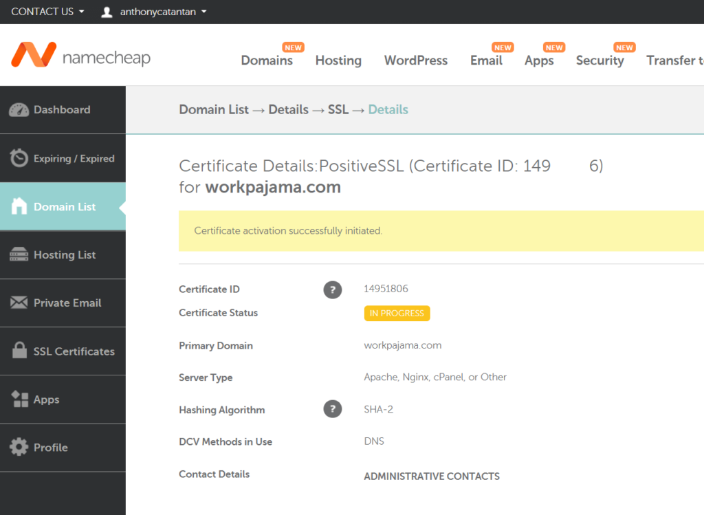 Certificate activation successfully initiated message