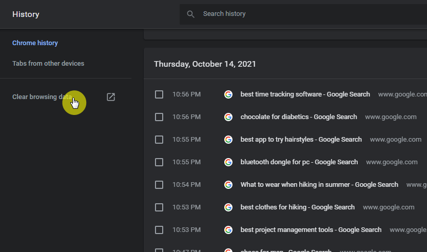 Find the clear browsing data option on the history page