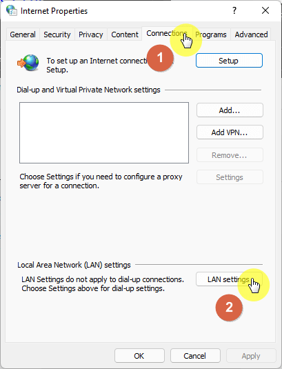 Navigate to the connections tab and click o nthe lan settings button