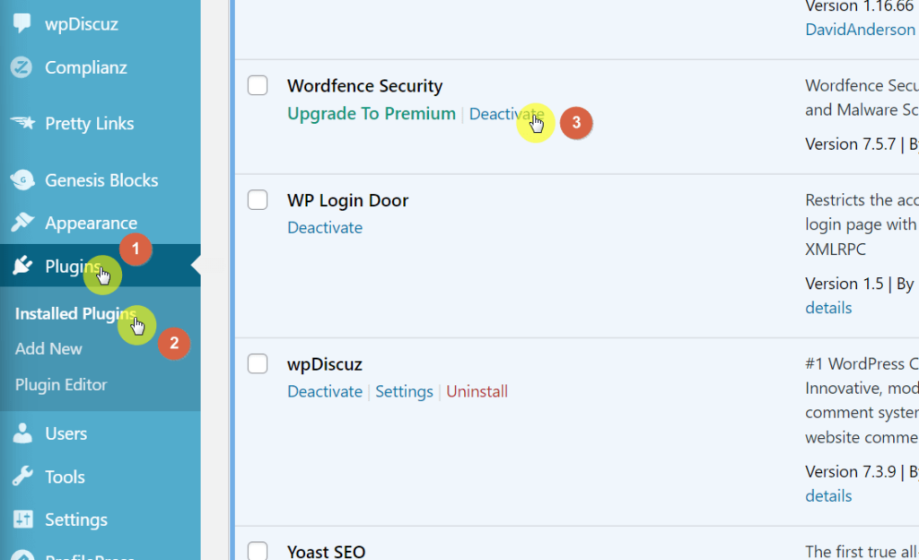 Go to the installed plugins page of WordPress admin and deactivate your security plugin