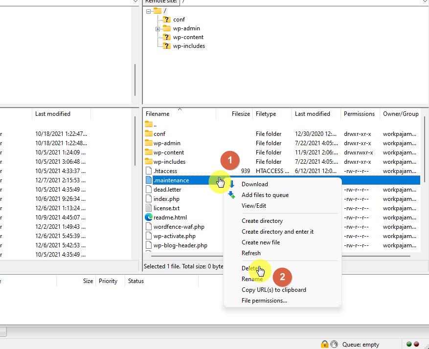 Right-click on the .maintenance file and delete it right away