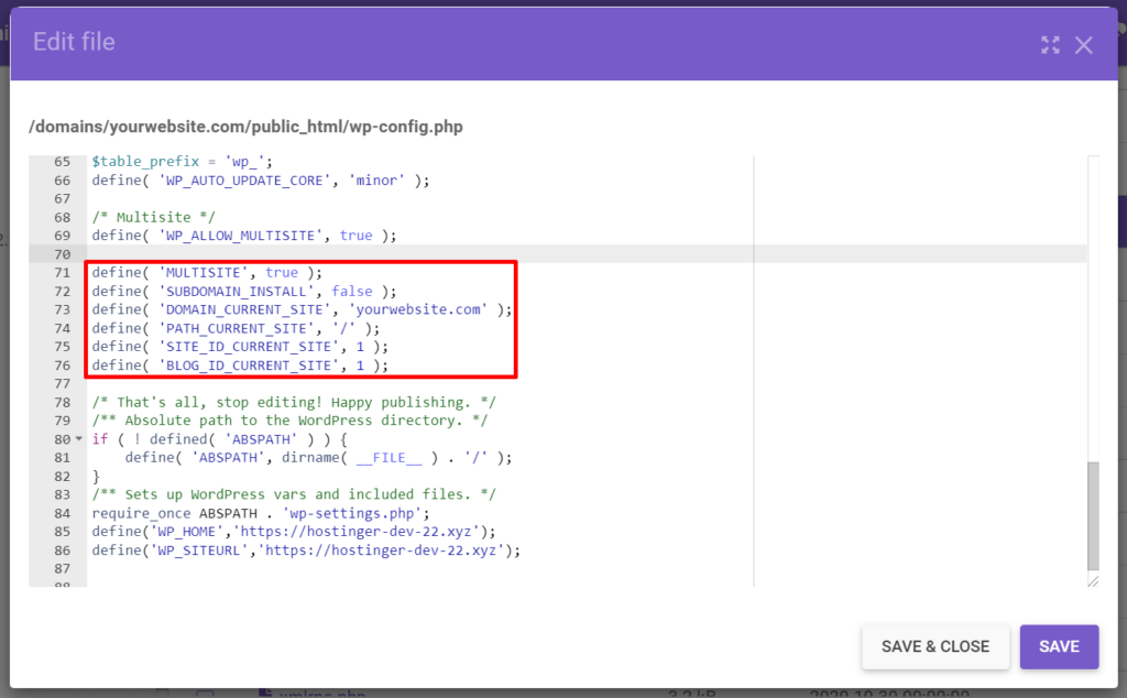 Add a code to the wp-config.php file to define multisite network