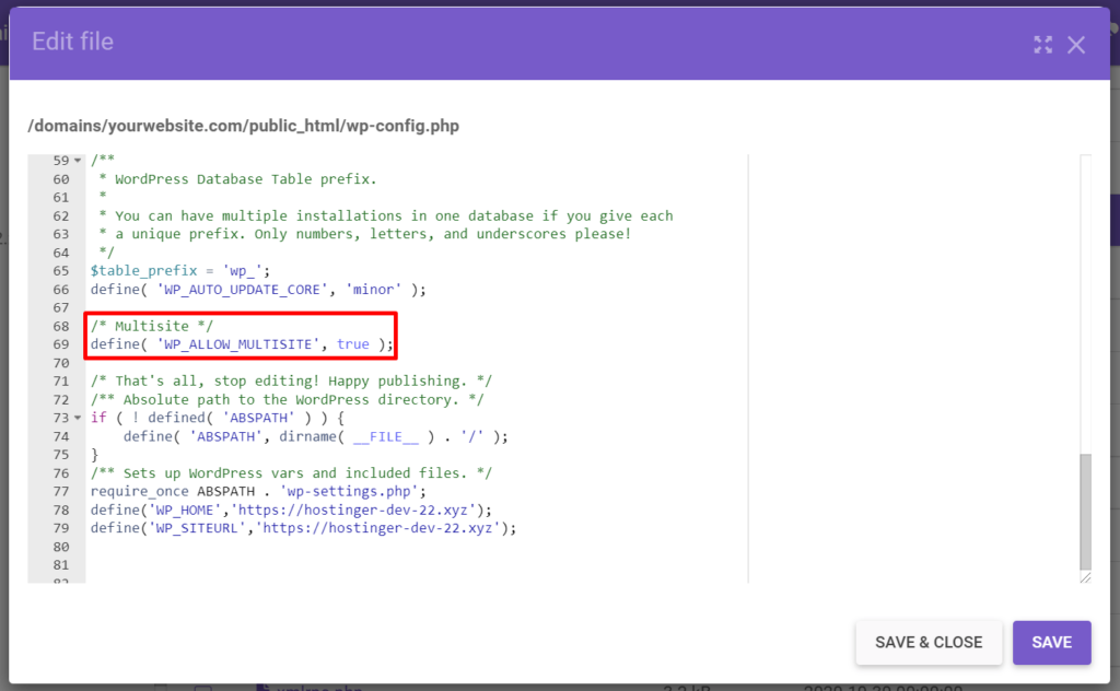 Add a code to the wp-config.php file to allow multisite