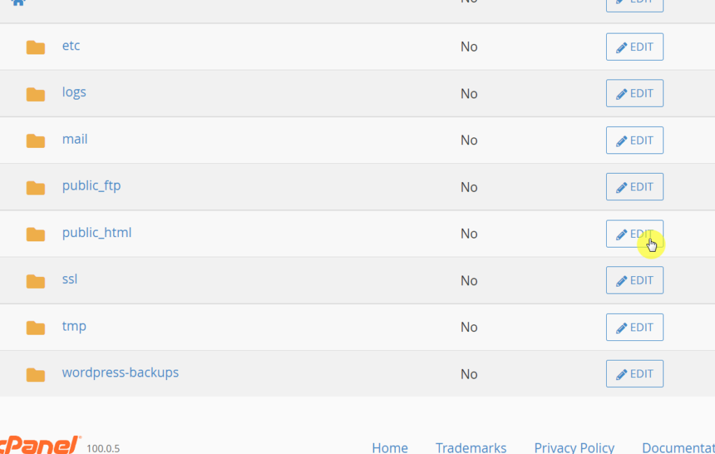 Find an edit button for the public_html folder and click on it