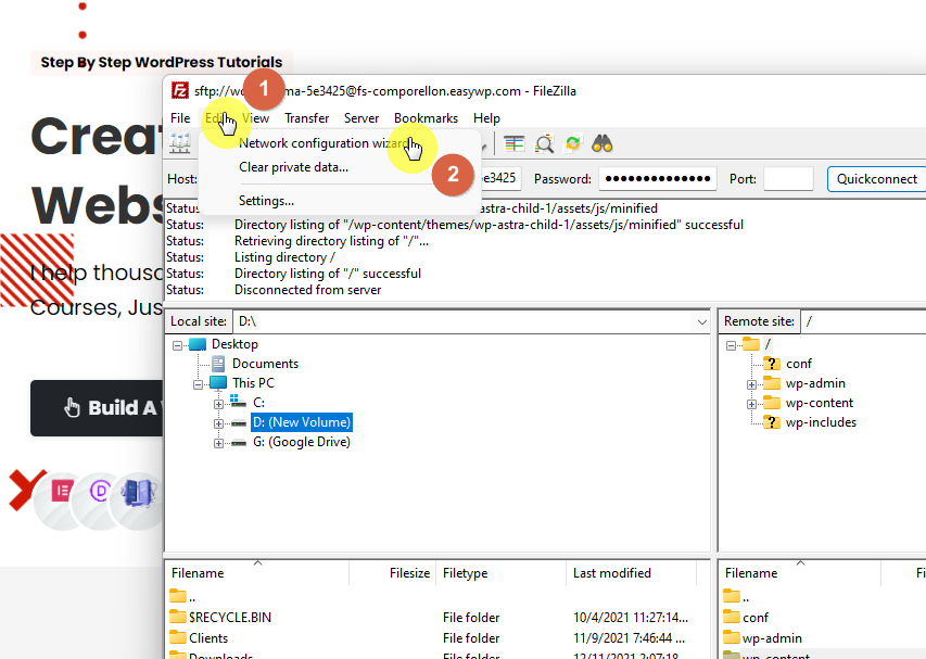 On the FileZilla client, go to the edit tab and click on the network configuration wizard option