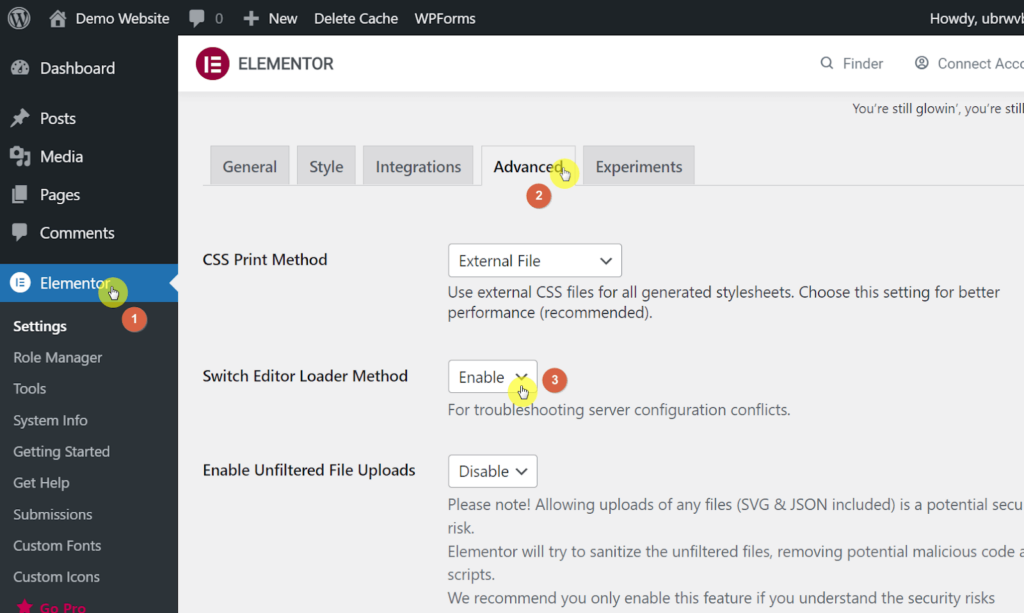 On the advanced Elementor settings, enable the switch editor loader method