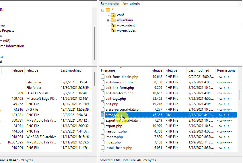 Find the error log file on the wp-admin folder of your website