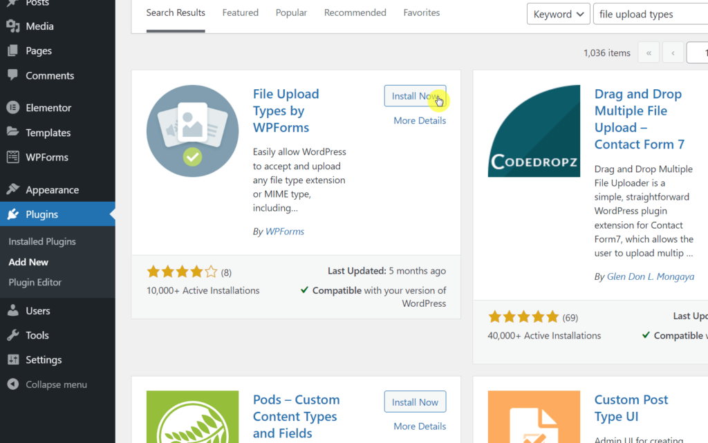 Install and activate the file upload types plugin