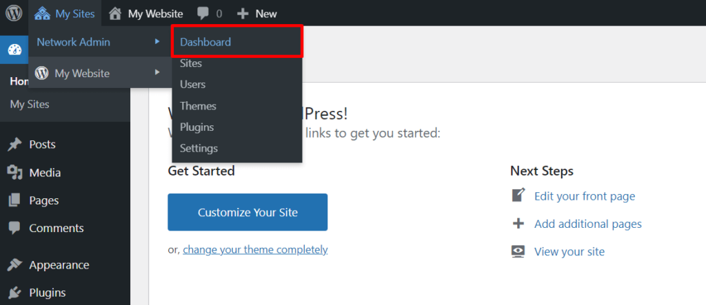 Access the network admin screen from the dashboard