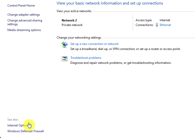 Find the internet options in the network and sharing center on the control panel
