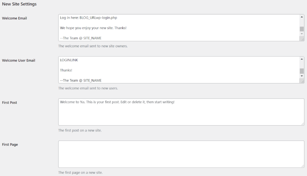 Configure the new site settings