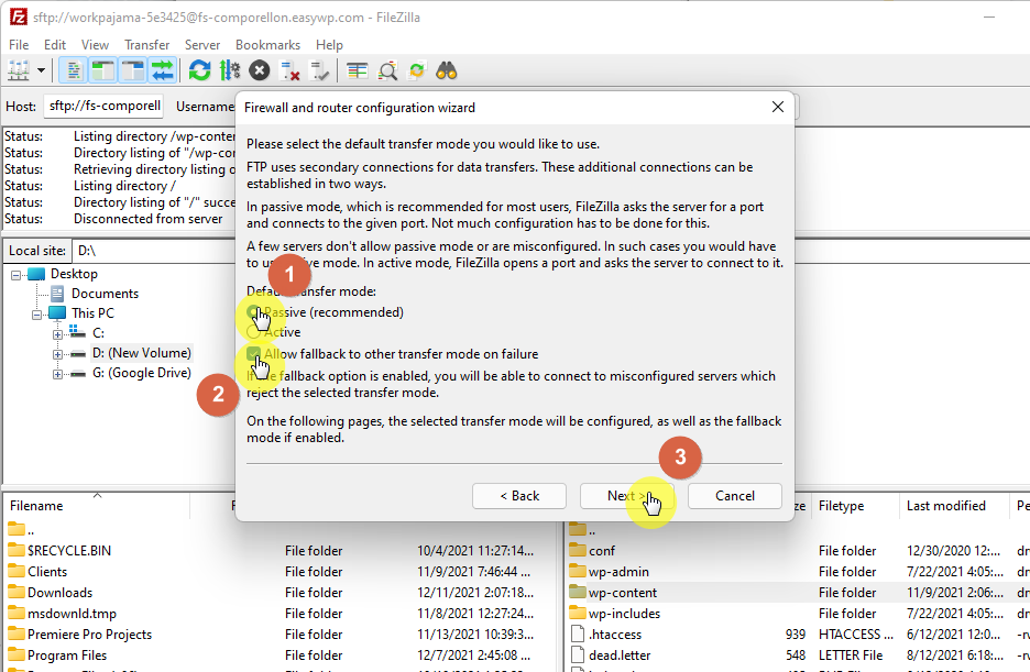 On FileZilla, select passive as the default transfer mode and make sure to enable the allow fallback to other transfer mode on failure option