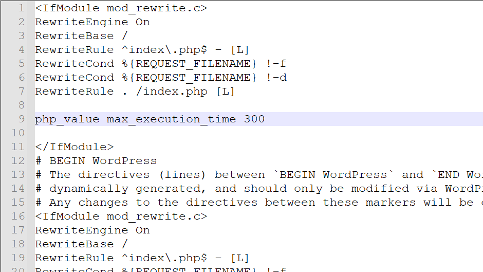 Paste the code to the .htaccess file to increase the max execution time