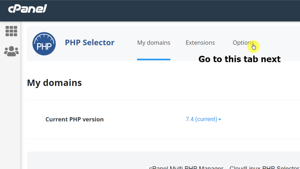 Go to the options tab inside the PHP selector