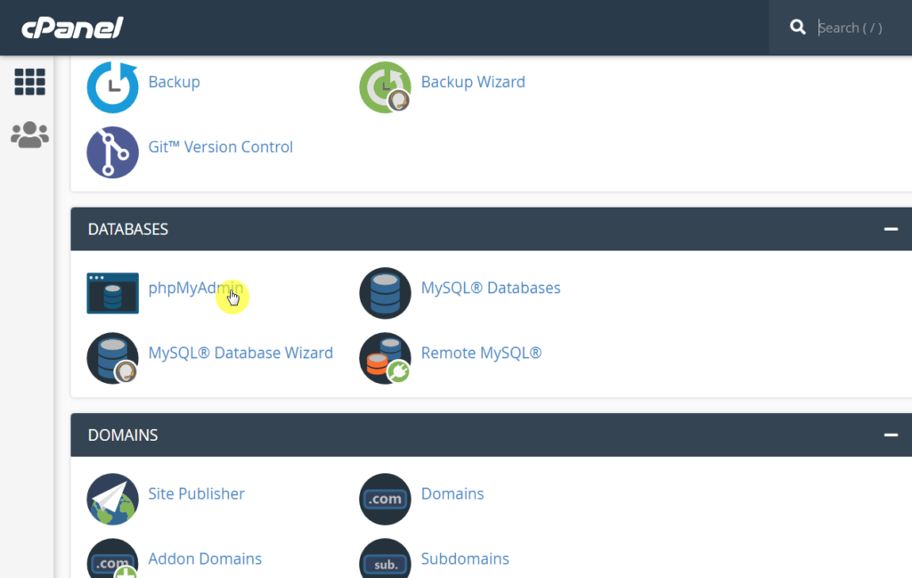 Find the phpmyadmin tool inside the cpanel