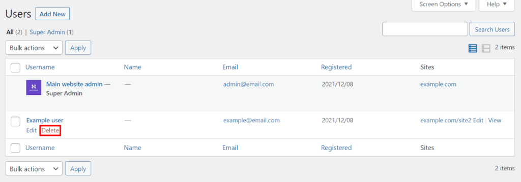 Delete a user on the multisite network