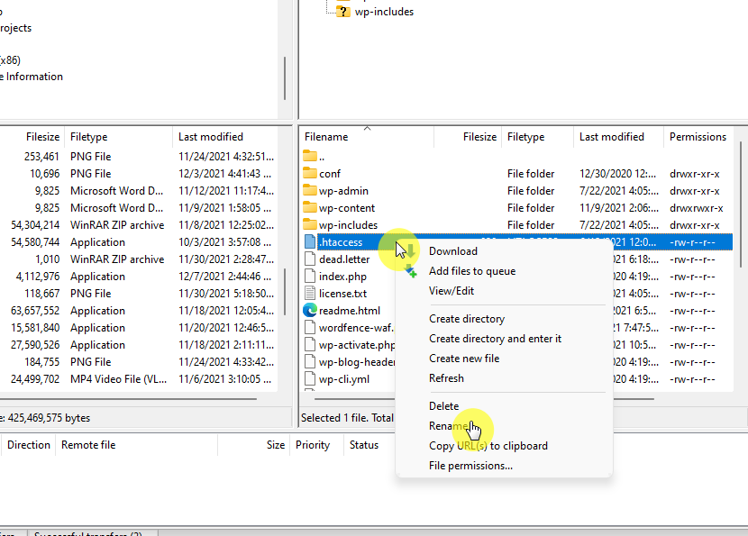 Right-click on the .htaccess file and select the rename option