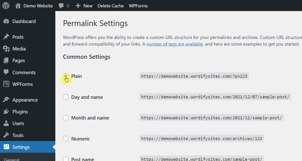Make sure to select plain permalink settings before hitting the save changes button